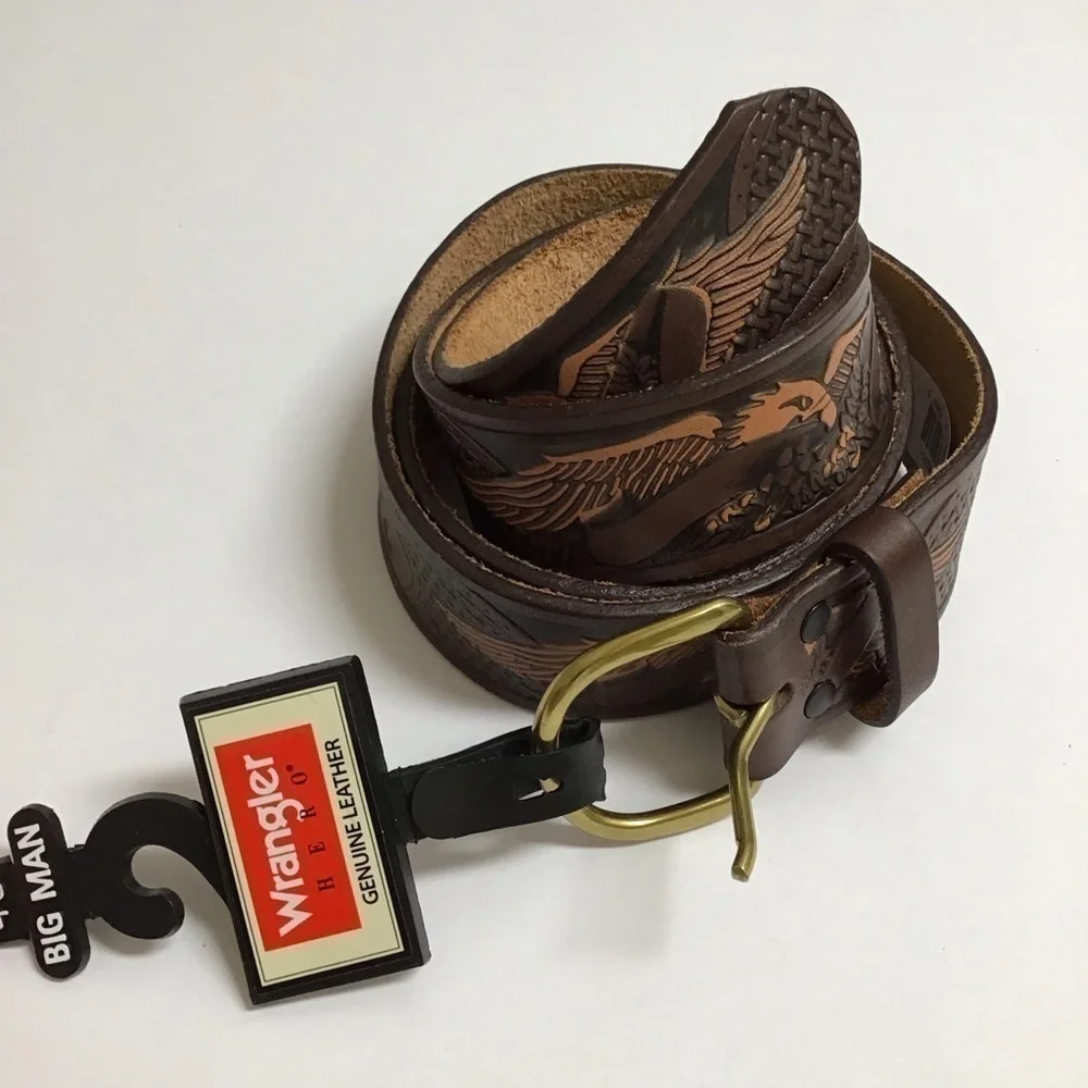 Wrangler EAGLE Leather Belt SZ 46 Western Men Embossed 100% Brown Tan Rodeo NEW
